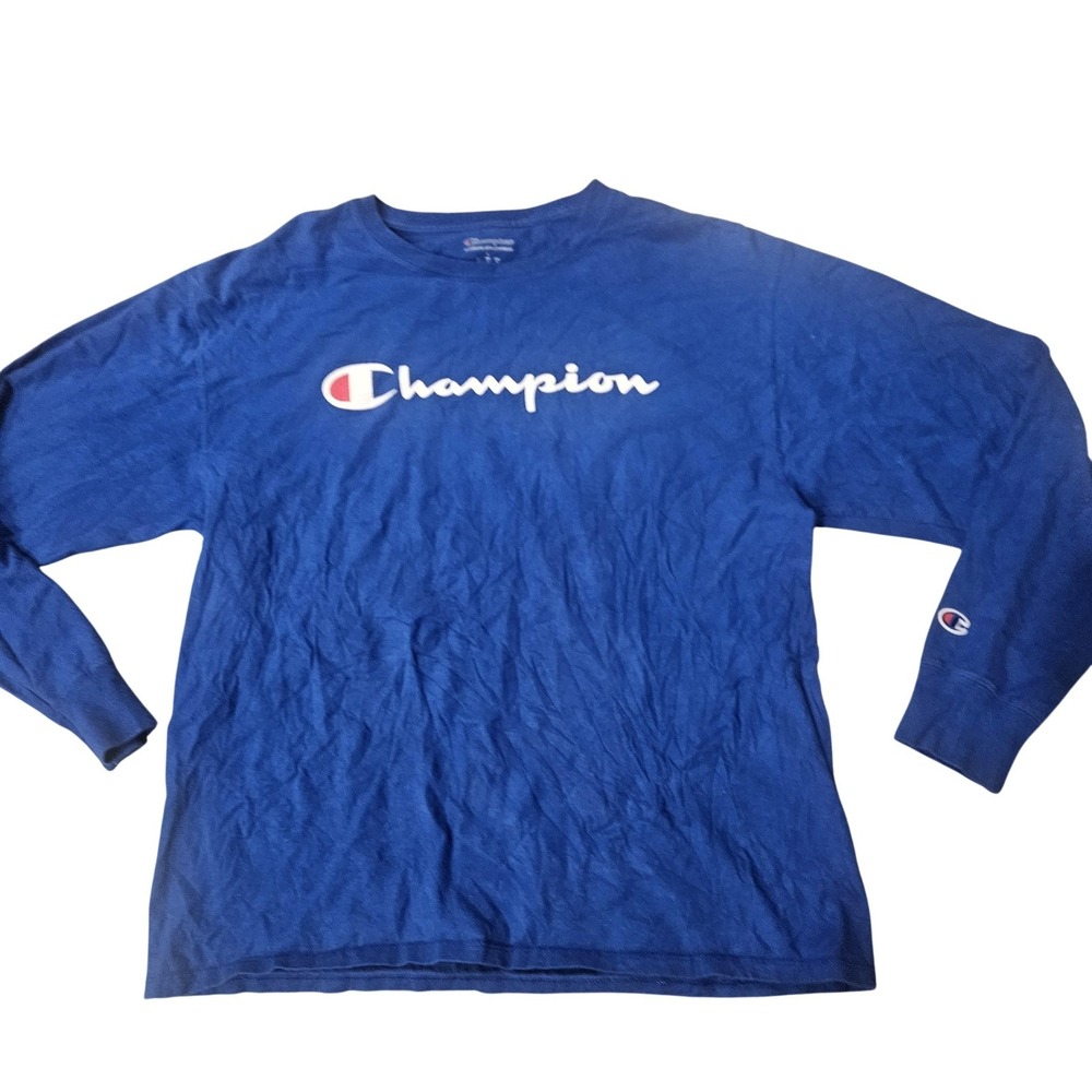 Champion Shirt Mens Large Blue Long Sleeve Script Logo Athletic Tee Crewneck